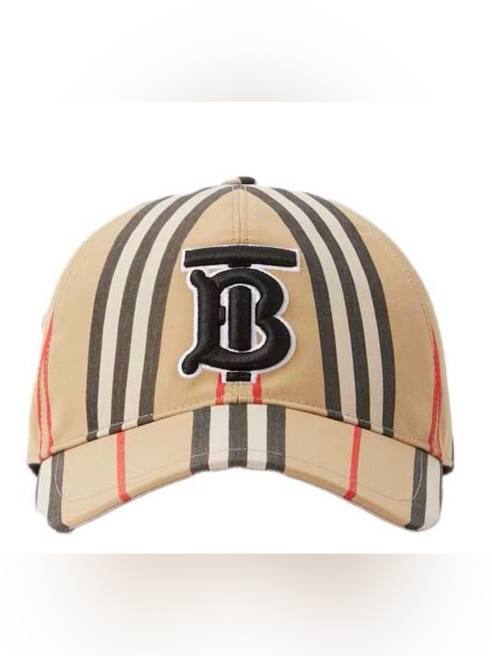 Burberry Beige Striped Baseball Cap with Black Logo Patch
